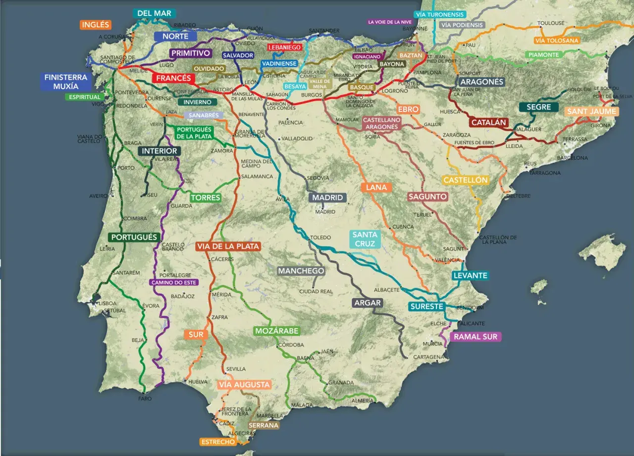 Mapa szlaków św. Jakuba w Hiszpanii i Portugalii, z zaznaczonymi trasami jak Camino Francés, Via de la Plata i inne.
