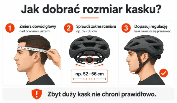Jak dobrać kask rowerowy? Zmierz obwód głowy, sprawdź zakres rozmiaru i dopasuj regulację. Kask nie może się przesuwać.