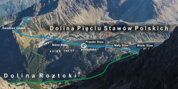 Widok na Dolinę Pięciu Stawów Polskich z zaznaczonymi szlakami i schroniskiem. Widać jeziora: Przedni, Mały i Wielki Staw.